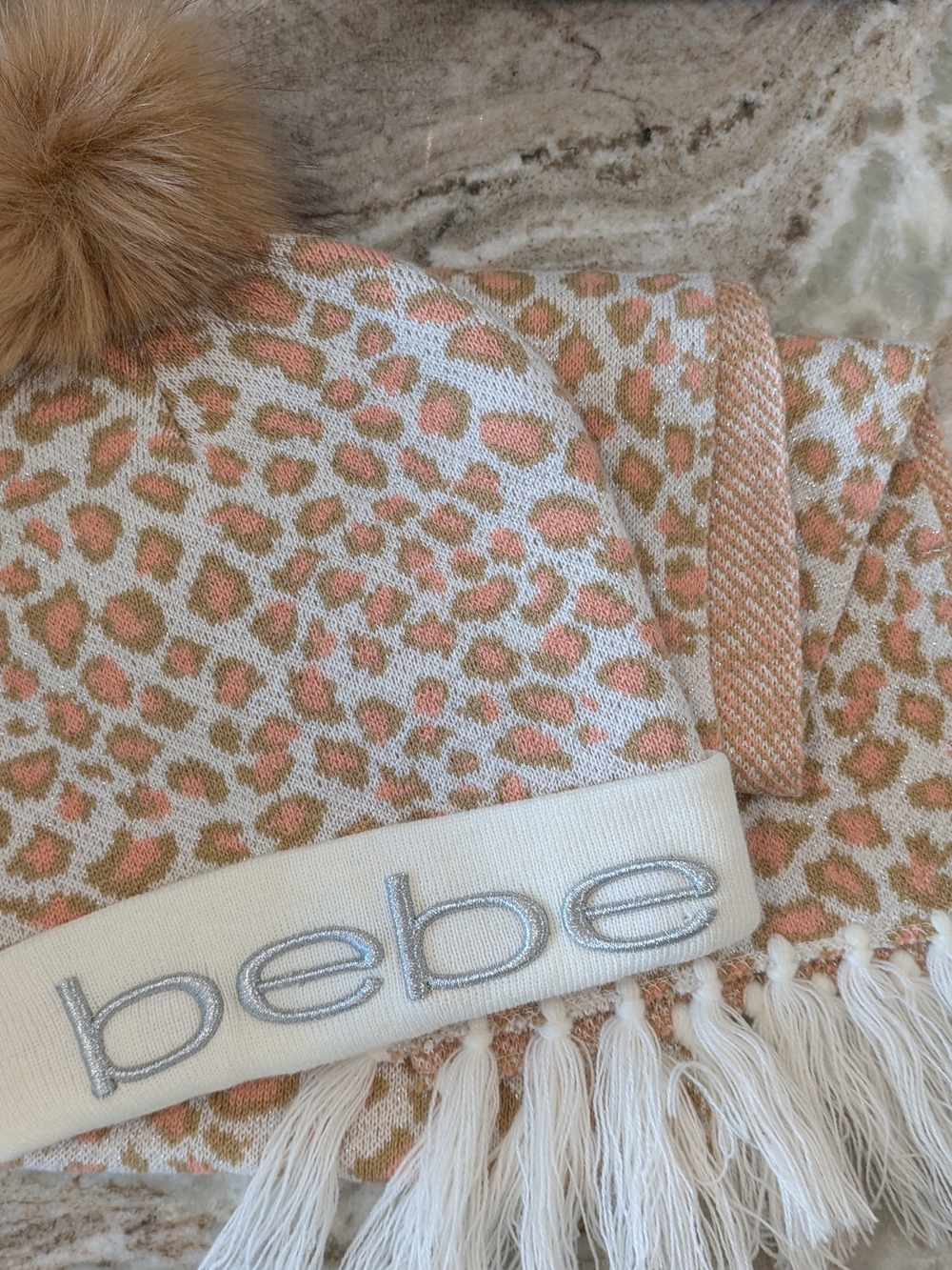 bebe Ladies Leopard Knit Hat & Scarf Set in Beige/Pink - Picture 5 of 16